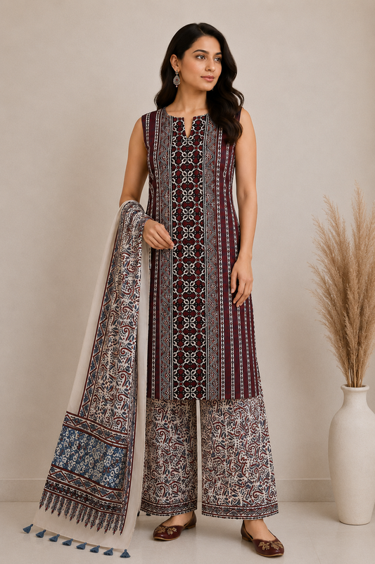 Ajrakh Modal Silk Natural Dye Hand Block Print Dress Material with Full Ajrakh Heavy Dupatta - with Tassels - 2.5 Mt Top    -  SKU : AI02502A