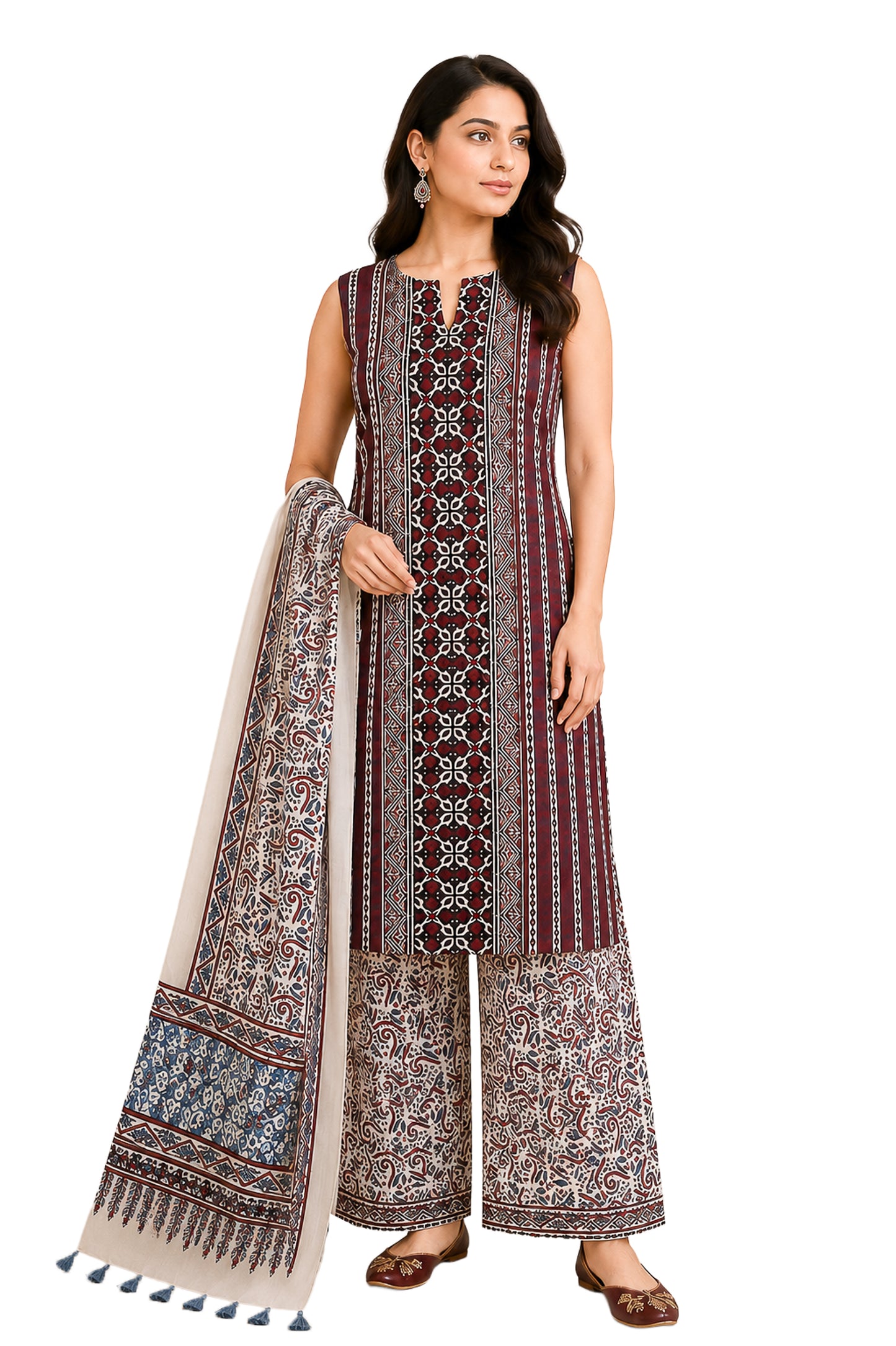 Ajrakh Modal Silk Natural Dye Hand Block Print Dress Material with Full Ajrakh Heavy Dupatta - with Tassels - 2.5 Mt Top    -  SKU : AI02502A