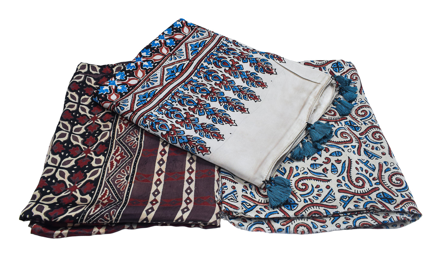 Ajrakh Modal Silk Natural Dye Hand Block Print Dress Material with Full Ajrakh Heavy Dupatta - with Tassels - 2.5 Mt Top    -  SKU : AI02502A