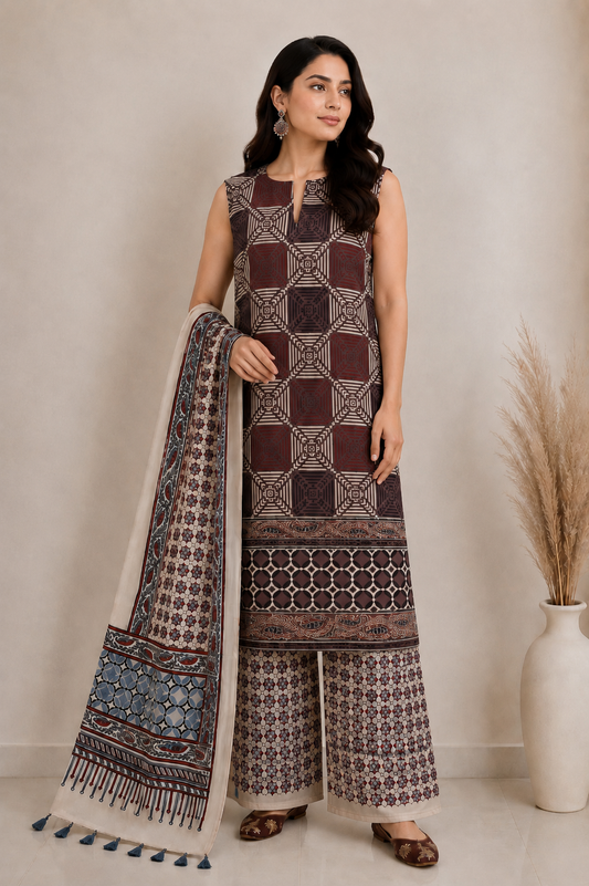 Ajrakh Modal Silk Natural Dye Hand Block Print Dress Material with Full Ajrakh Heavy Dupatta - with Tassels - 2.5 Mt Top    -  SKU : AI02502J
