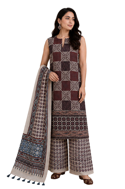 Ajrakh Modal Silk Natural Dye Hand Block Print Dress Material with Full Ajrakh Heavy Dupatta - with Tassels - 2.5 Mt Top    -  SKU : AI02502J