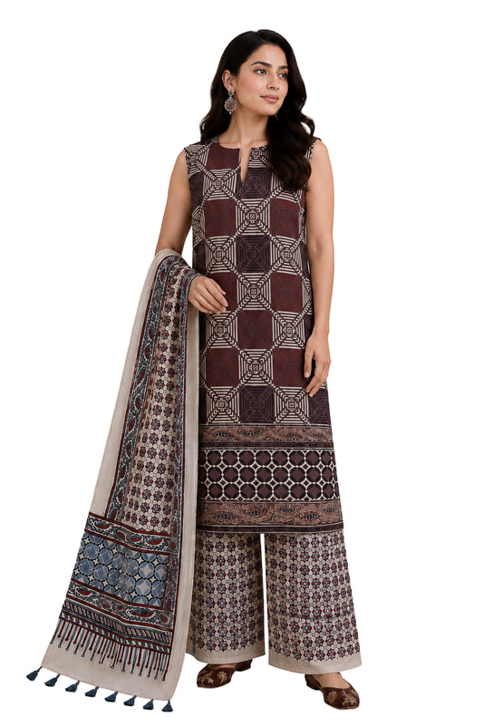 Ajrakh Modal Silk Natural Dye Hand Block Print Dress Material with Full Ajrakh Heavy Dupatta - with Tassels - 2.5 Mt Top    -  SKU : AI02502J
