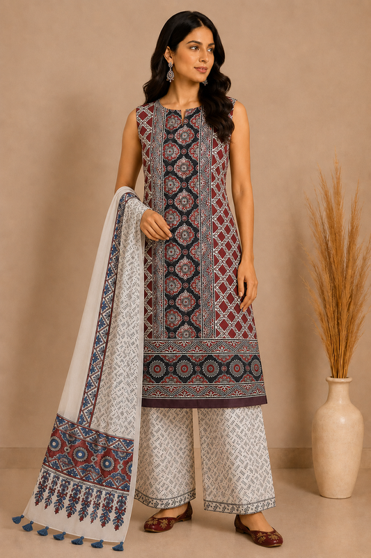 Ajrakh Modal Silk Natural Dye Hand Block Print Dress Material with Full Ajrakh Heavy Dupatta - with Tassels - 2.5 Mt Top    -  SKU : AI02502O