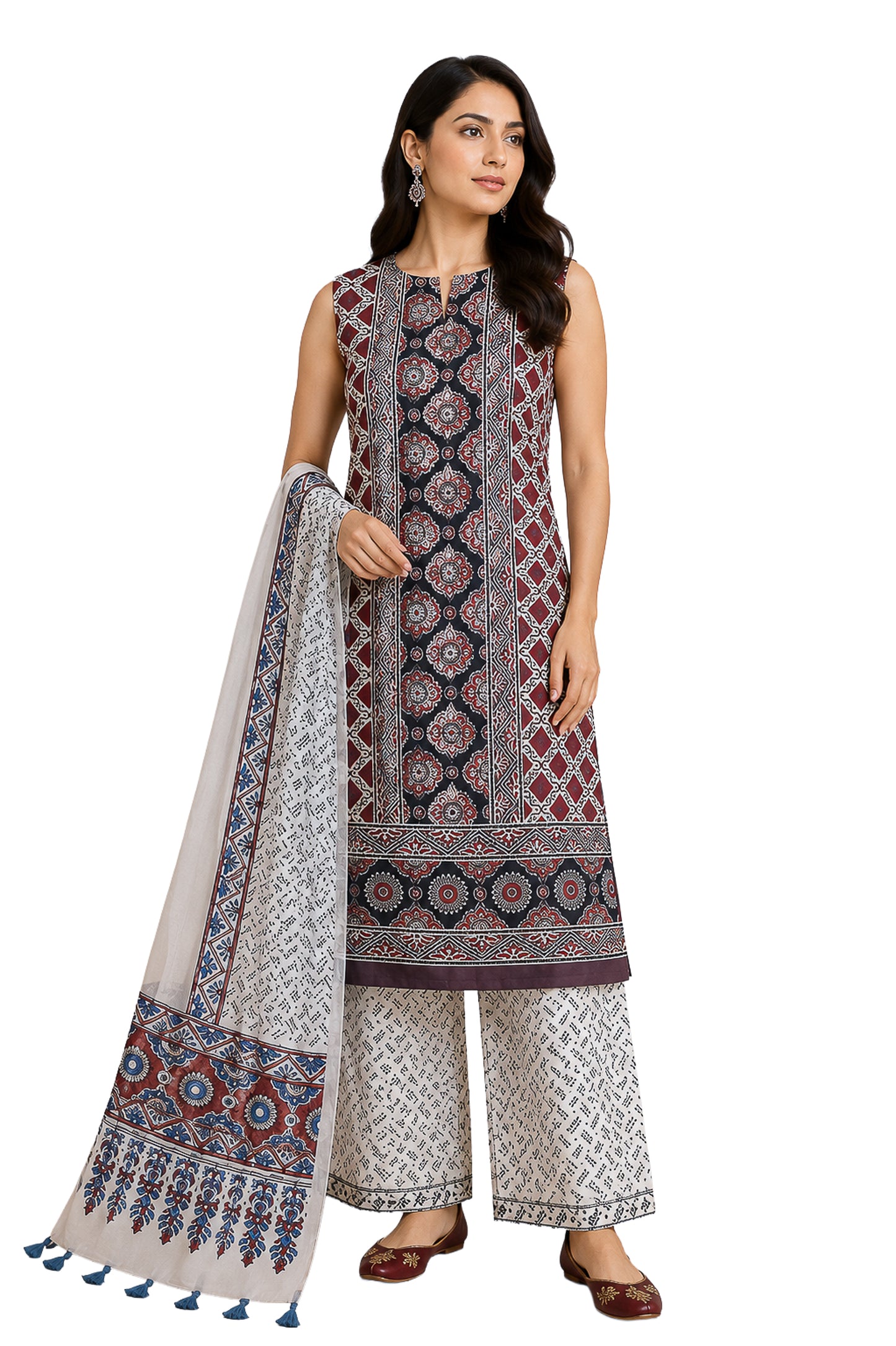 Ajrakh Modal Silk Natural Dye Hand Block Print Dress Material with Full Ajrakh Heavy Dupatta - with Tassels - 2.5 Mt Top    -  SKU : AI02502O
