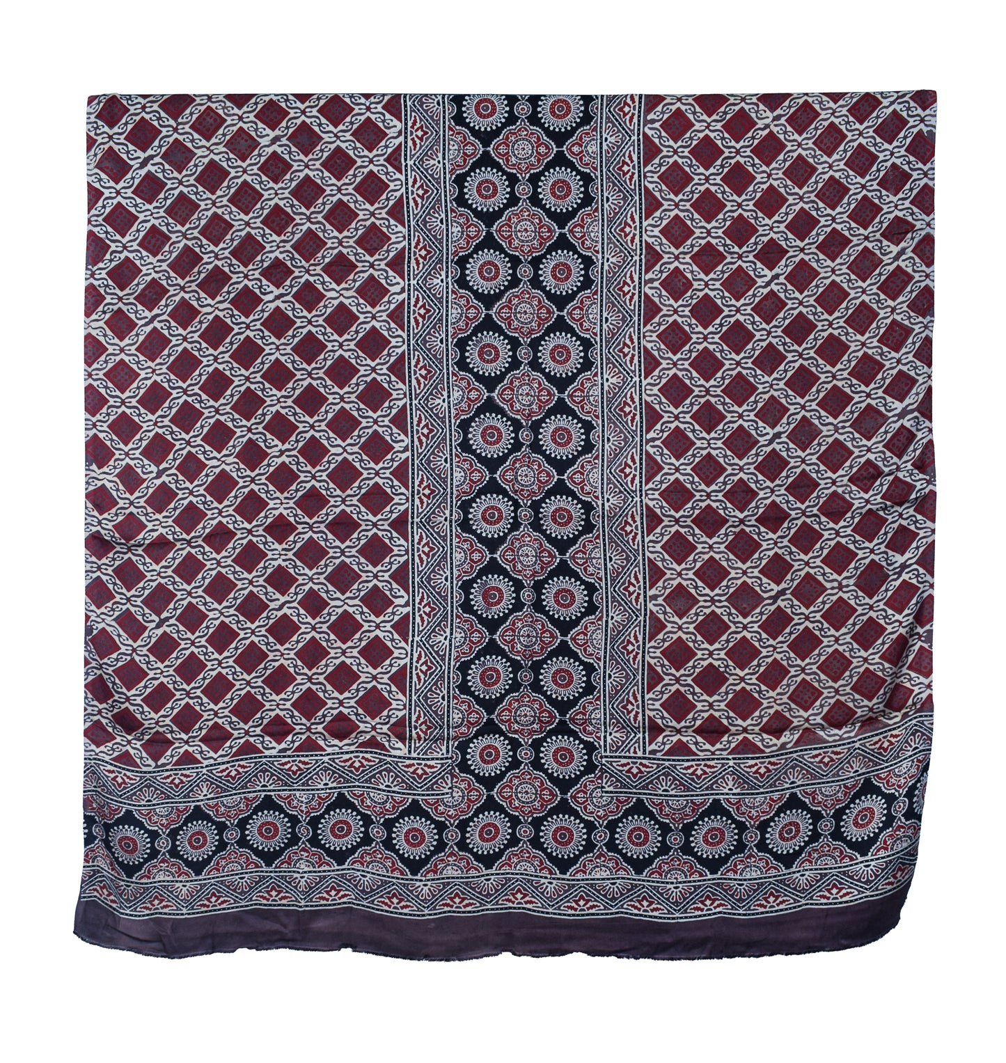 Ajrakh Modal Silk Natural Dye Hand Block Print Dress Material with Full Ajrakh Heavy Dupatta - with Tassels - 2.5 Mt Top    -  SKU : AI02502O