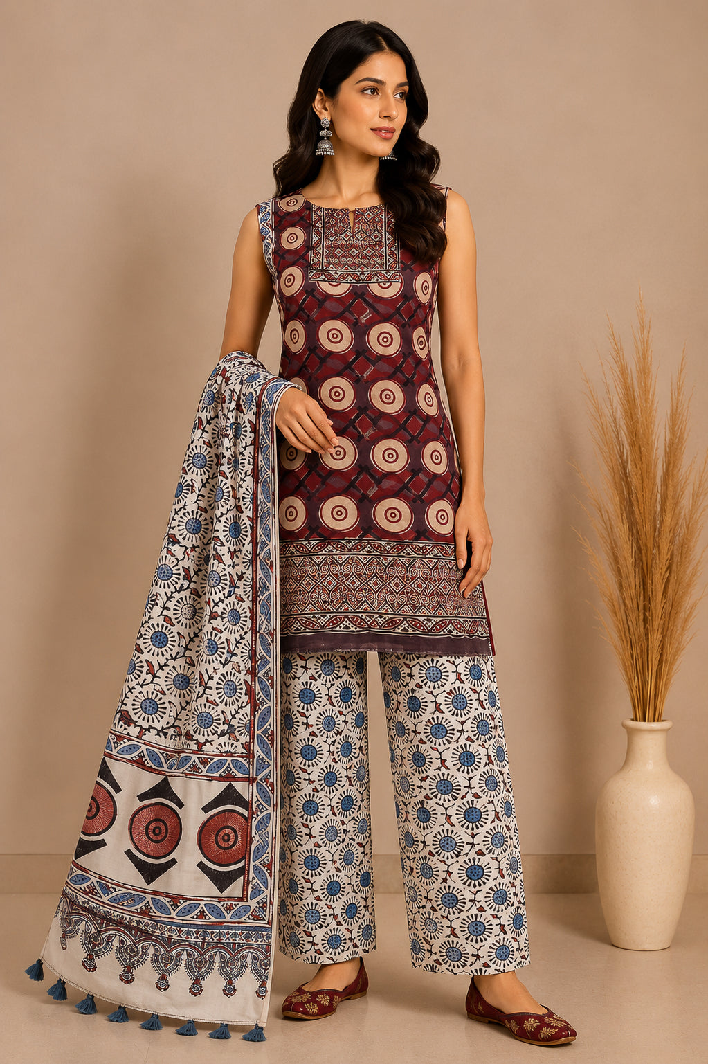 Ajrakh Modal Silk Natural Dye Hand Block Print Dress Material with Full Ajrakh Heavy Dupatta - with Tassels - 2.5 Mt Top    -  SKU : AI02502T
