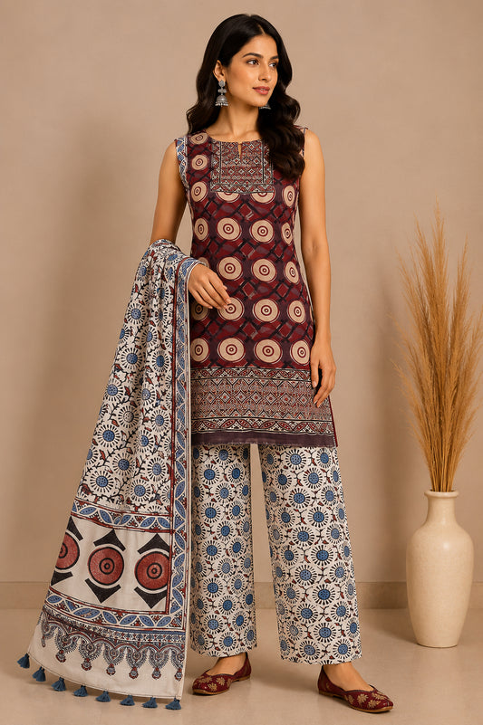 Ajrakh Modal Silk Natural Dye Hand Block Print Dress Material with Full Ajrakh Heavy Dupatta - with Tassels - 2.5 Mt Top    -  SKU : AI02502T