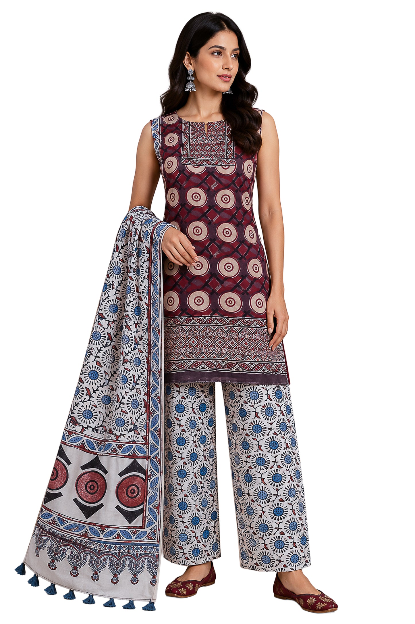 Ajrakh Modal Silk Natural Dye Hand Block Print Dress Material with Full Ajrakh Heavy Dupatta - with Tassels - 2.5 Mt Top    -  SKU : AI02502T