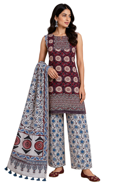 Ajrakh Modal Silk Natural Dye Hand Block Print Dress Material with Full Ajrakh Heavy Dupatta - with Tassels - 2.5 Mt Top    -  SKU : AI02502T