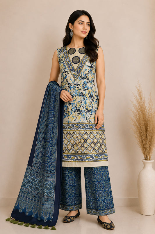Ajrakh Modal Silk Natural Dye Hand Block Print Dress Material with Full Ajrakh Heavy Dupatta - with Tassels - 2.5 Mt Top    -  SKU : AI02502D