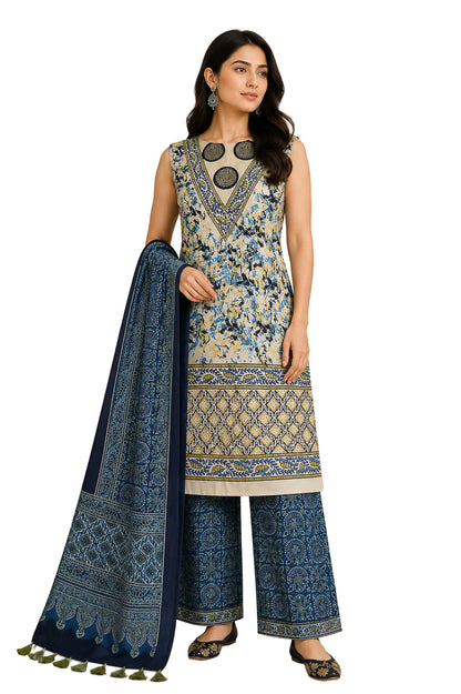 Ajrakh Modal Silk Natural Dye Hand Block Print Dress Material with Full Ajrakh Heavy Dupatta - with Tassels - 2.5 Mt Top    -  SKU : AI02502D