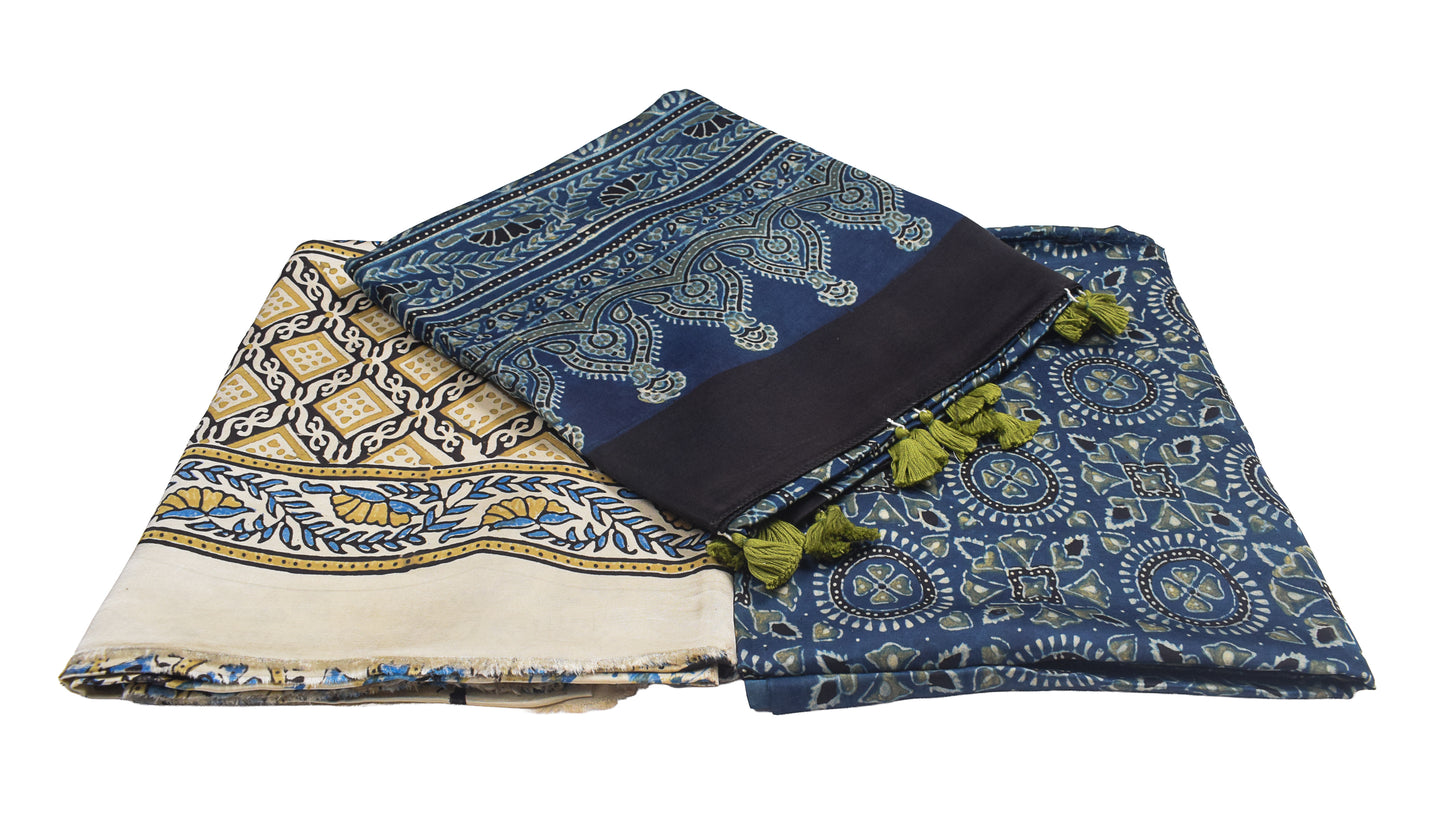 Ajrakh Modal Silk Natural Dye Hand Block Print Dress Material with Full Ajrakh Heavy Dupatta - with Tassels - 2.5 Mt Top    -  SKU : AI02502D