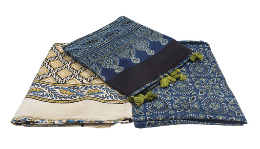 Ajrakh Modal Silk Natural Dye Hand Block Print Dress Material with Full Ajrakh Heavy Dupatta - with Tassels - 2.5 Mt Top    -  SKU : AI02502D