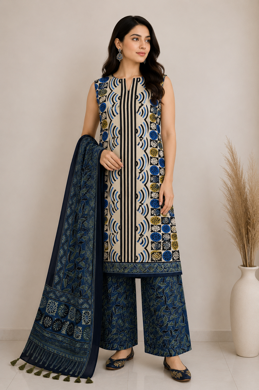 Ajrakh Modal Silk Natural Dye Hand Block Print Dress Material with Full Ajrakh Heavy Dupatta - with Tassels - 2.5 Mt Top    -  SKU : AI02502I