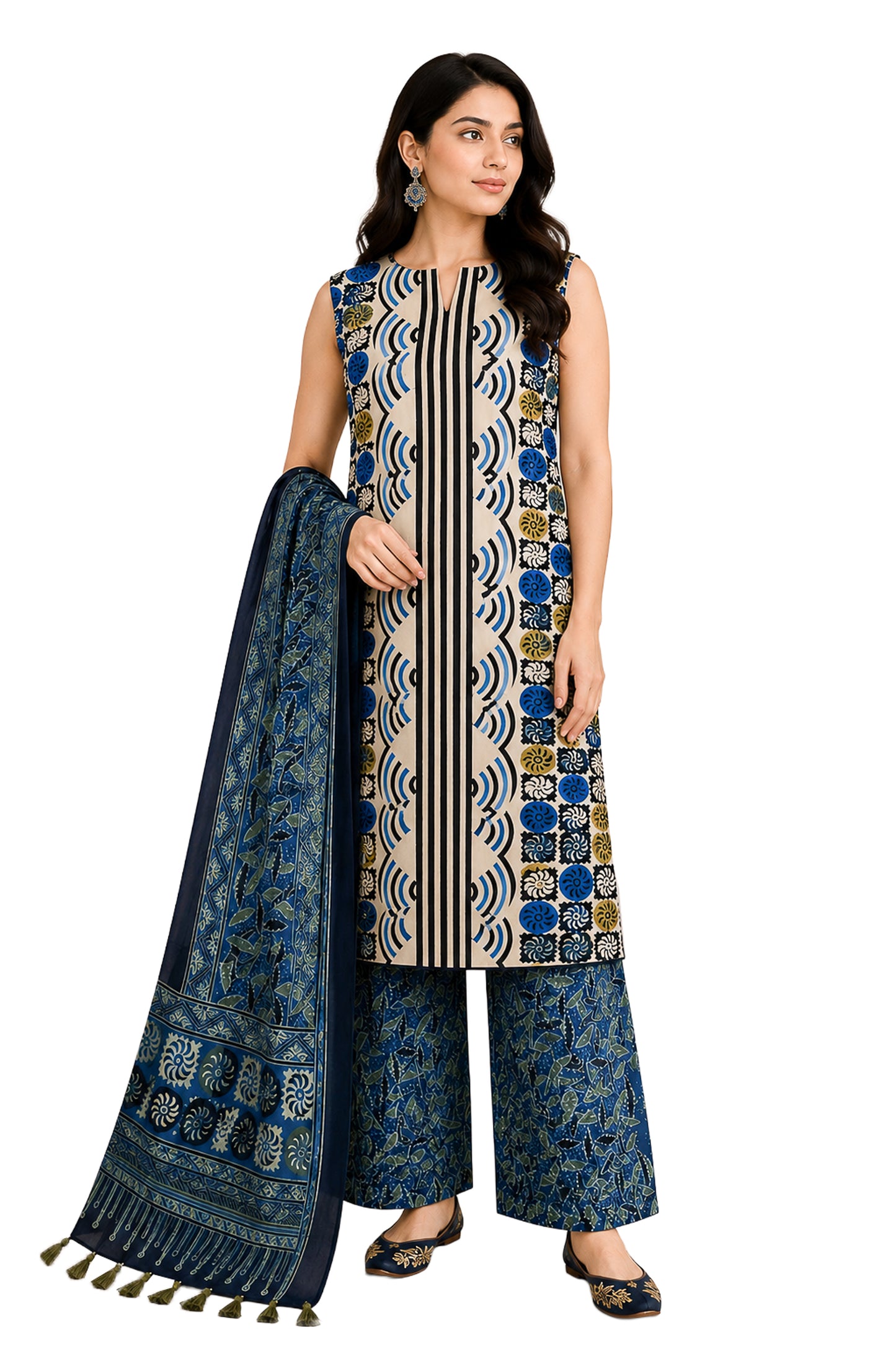 Ajrakh Modal Silk Natural Dye Hand Block Print Dress Material with Full Ajrakh Heavy Dupatta - with Tassels - 2.5 Mt Top    -  SKU : AI02502I