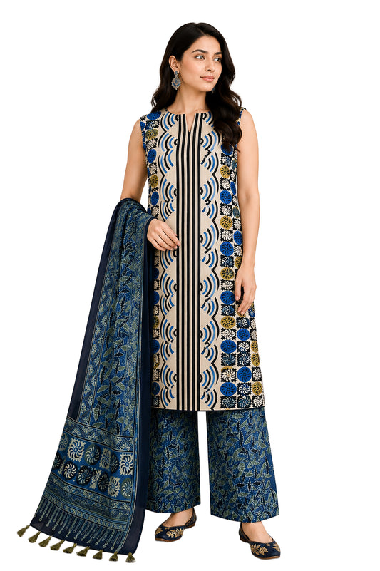 Ajrakh Modal Silk Natural Dye Hand Block Print Dress Material with Full Ajrakh Heavy Dupatta - with Tassels - 2.5 Mt Top    -  SKU : AI02502I