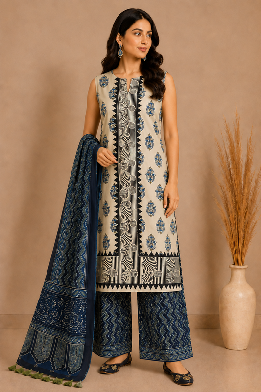 Ajrakh Modal Silk Natural Dye Hand Block Print Dress Material with Full Ajrakh Heavy Dupatta - with Tassels - 2.5 Mt Top    -  SKU : AI02502N