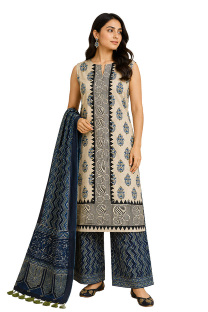 Ajrakh Modal Silk Natural Dye Hand Block Print Dress Material with Full Ajrakh Heavy Dupatta - with Tassels - 2.5 Mt Top    -  SKU : AI02502N