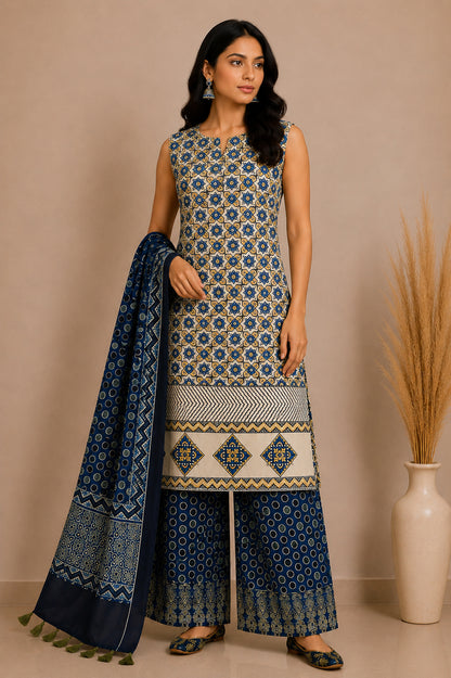 Ajrakh Modal Silk Natural Dye Hand Block Print Dress Material with Full Ajrakh Heavy Dupatta - with Tassels - 2.5 Mt Top    -  SKU : AI02502S