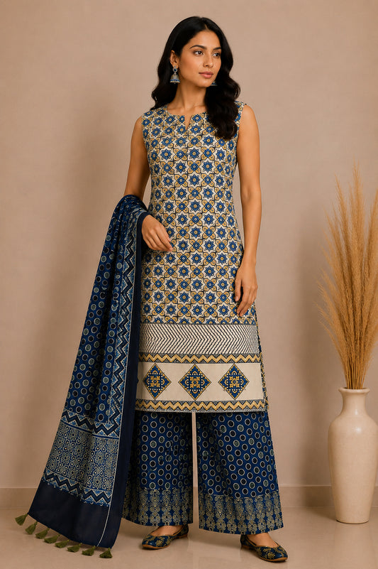 Ajrakh Modal Silk Natural Dye Hand Block Print Dress Material with Full Ajrakh Heavy Dupatta - with Tassels - 2.5 Mt Top    -  SKU : AI02502S