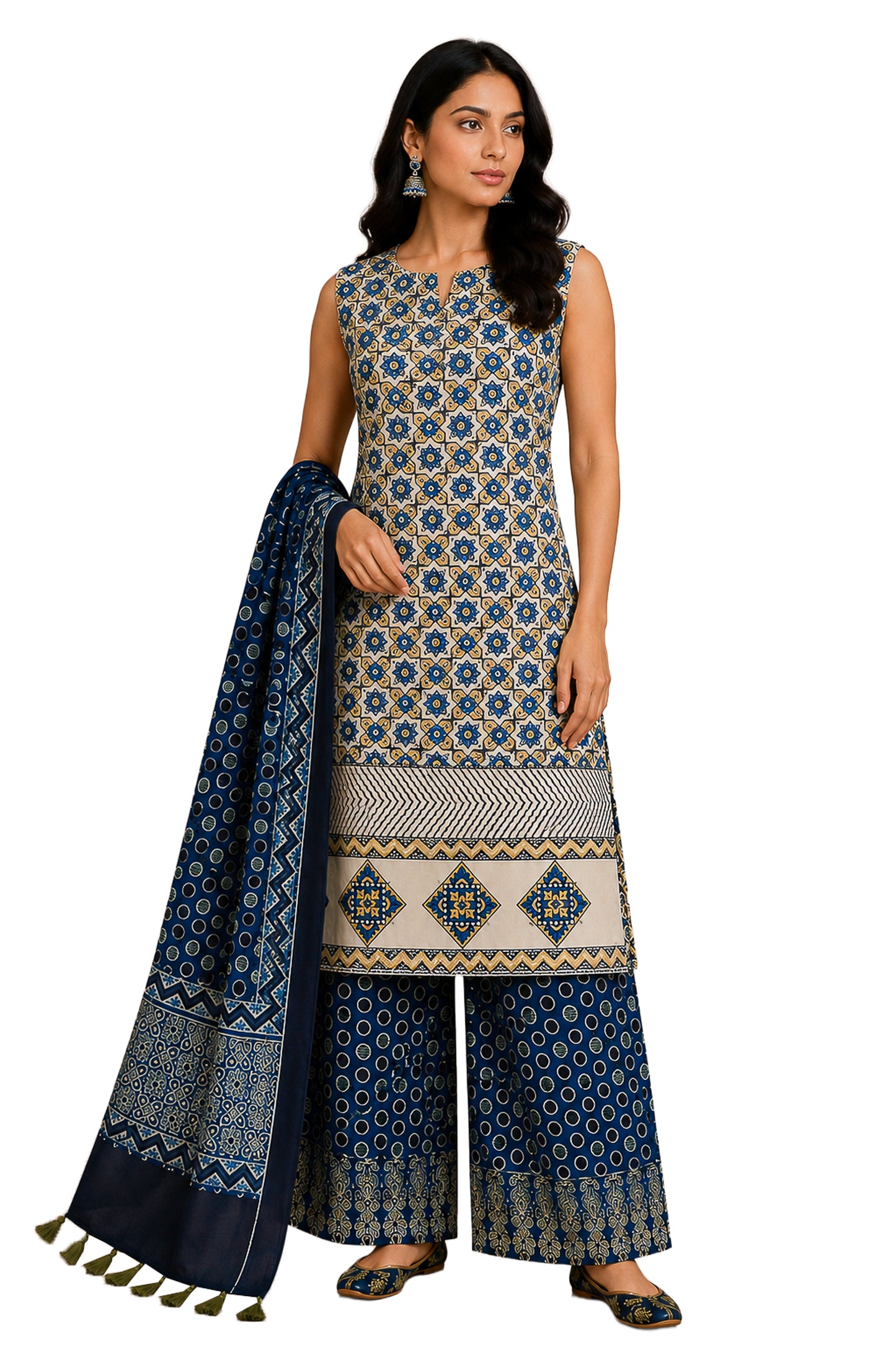 Ajrakh Modal Silk Natural Dye Hand Block Print Dress Material with Full Ajrakh Heavy Dupatta - with Tassels - 2.5 Mt Top    -  SKU : AI02502S