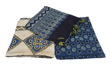 Ajrakh Modal Silk Natural Dye Hand Block Print Dress Material with Full Ajrakh Heavy Dupatta - with Tassels - 2.5 Mt Top    -  SKU : AI02502S
