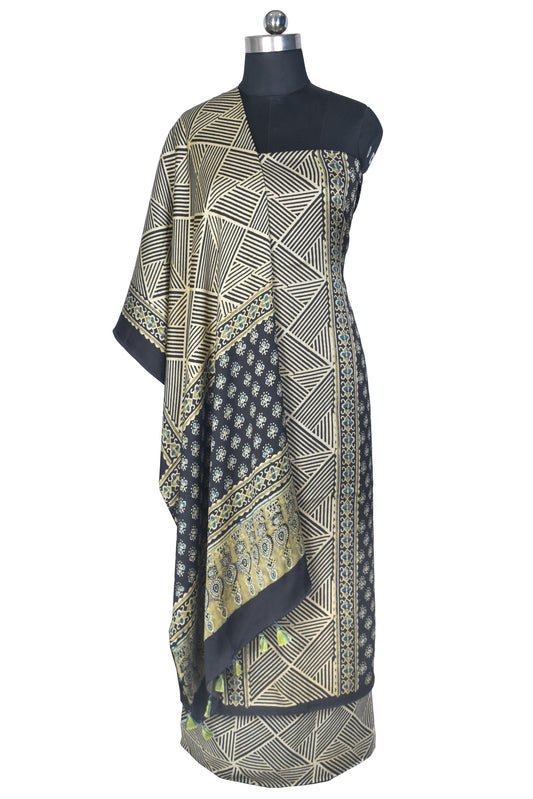 Ajrakh Modal Silk Natural Dye Hand Block Print Dress Material with Full Ajrakh Heavy Dupatta - with Tassels - 2.5 Mt Top    -  SKU : AI1730AF