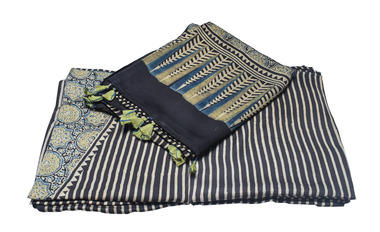 Ajrakh Modal Silk Natural Dye Hand Block Print Dress Material with Full Ajrakh Heavy Dupatta - with Tassels - 2.5 Mt Top    -  SKU : AI1730AJ