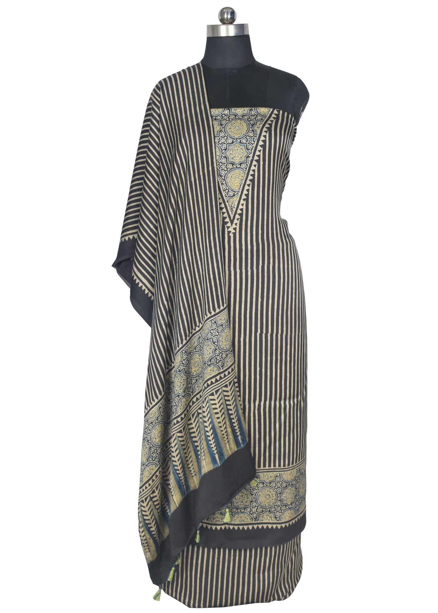 Ajrakh Modal Silk Natural Dye Hand Block Print Dress Material with Full Ajrakh Heavy Dupatta - with Tassels - 2.5 Mt Top    -  SKU : AI1730AJ