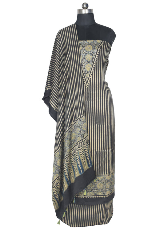 Ajrakh Modal Silk Natural Dye Hand Block Print Dress Material with Full Ajrakh Heavy Dupatta - with Tassels - 2.5 Mt Top    -  SKU : AI1730AJ
