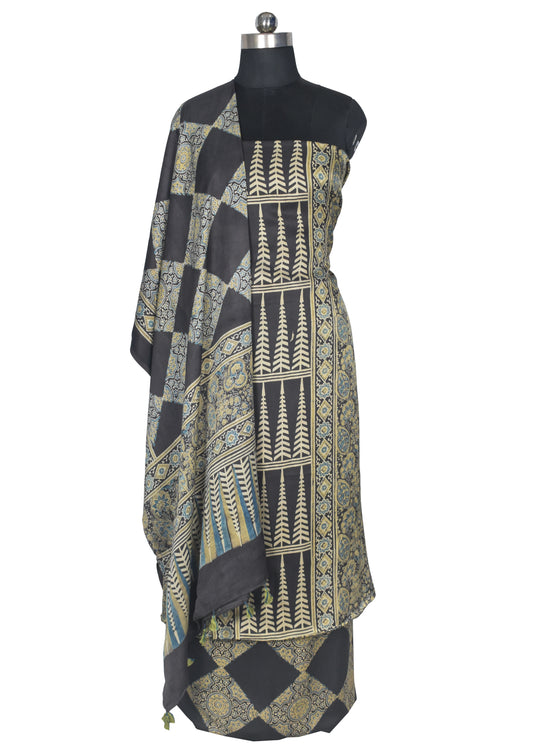 Ajrakh Modal Silk Natural Dye Hand Block Print Dress Material with Full Ajrakh Heavy Dupatta - with Tassels - 2.5 Mt Top    -  SKU : AI1730AM