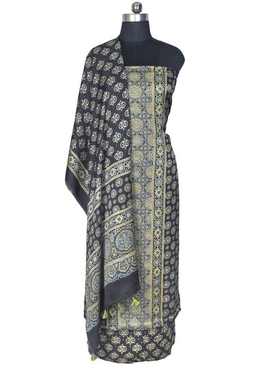 Ajrakh Modal Silk Natural Dye Hand Block Print Dress Material with Full Ajrakh Heavy Dupatta - with Tassels - 2.5 Mt Top    -  SKU : AI1730AN
