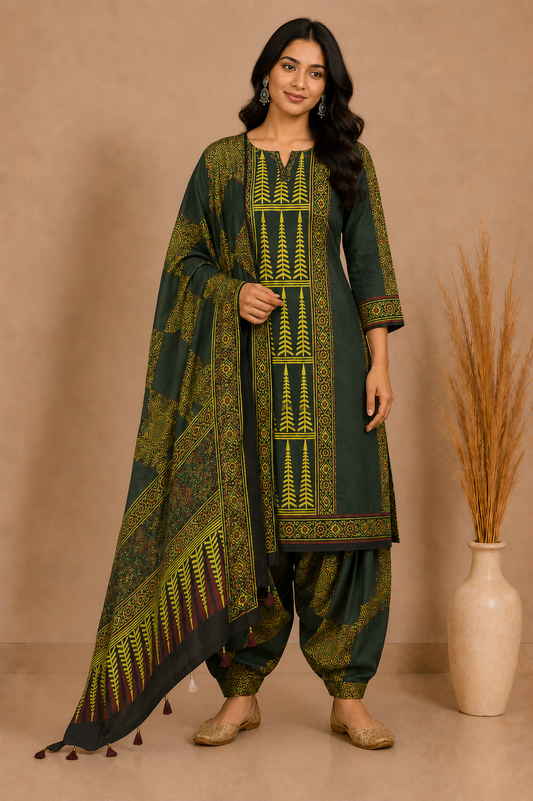 Ajrakh Modal Silk Natural Dye Hand Block Print Dress Material with Full Ajrakh Heavy Dupatta - with Tassels - 2.5 Mt Top    -  SKU : AI1730BA