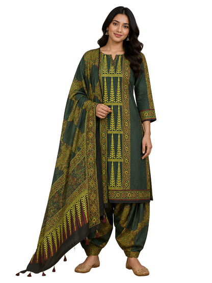 Ajrakh Modal Silk Natural Dye Hand Block Print Dress Material with Full Ajrakh Heavy Dupatta - with Tassels - 2.5 Mt Top    -  SKU : AI1730BA