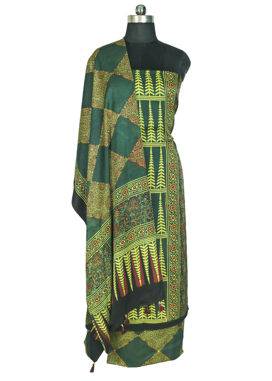 Ajrakh Modal Silk Natural Dye Hand Block Print Dress Material with Full Ajrakh Heavy Dupatta - with Tassels - 2.5 Mt Top    -  SKU : AI1730BA