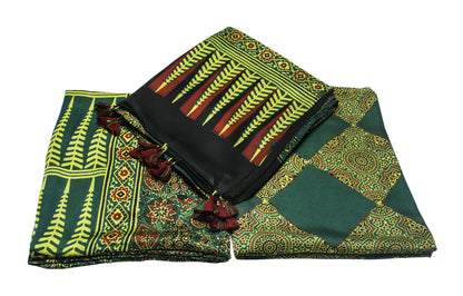 Ajrakh Modal Silk Natural Dye Hand Block Print Dress Material with Full Ajrakh Heavy Dupatta - with Tassels - 2.5 Mt Top    -  SKU : AI1730BA