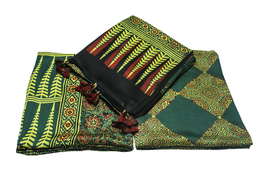 Ajrakh Modal Silk Natural Dye Hand Block Print Dress Material with Full Ajrakh Heavy Dupatta - with Tassels - 2.5 Mt Top    -  SKU : AI1730BA