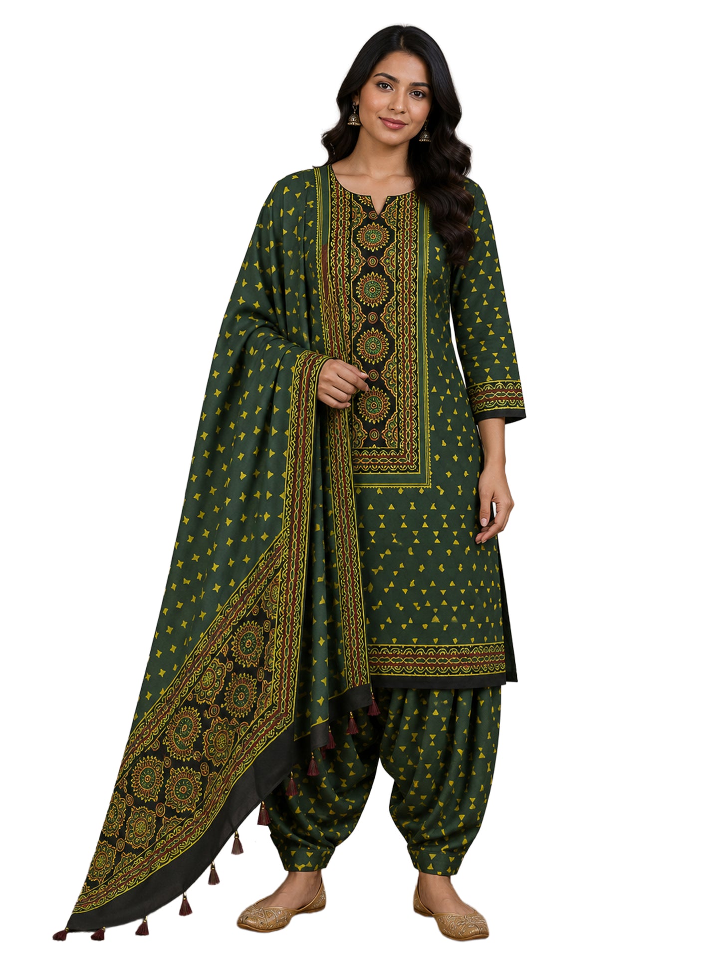 Ajrakh Modal Silk Natural Dye Hand Block Print Dress Material with Full Ajrakh Heavy Dupatta - with Tassels - 2.5 Mt Top    -  SKU : AI1730BD