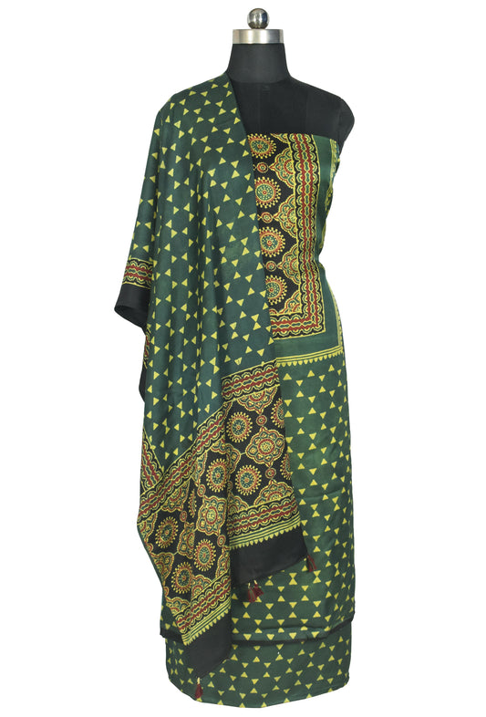 Ajrakh Modal Silk Natural Dye Hand Block Print Dress Material with Full Ajrakh Heavy Dupatta - with Tassels - 2.5 Mt Top    -  SKU : AI1730BD