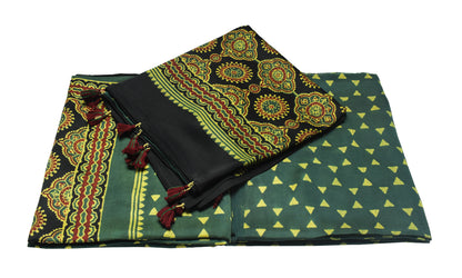 Ajrakh Modal Silk Natural Dye Hand Block Print Dress Material with Full Ajrakh Heavy Dupatta - with Tassels - 2.5 Mt Top    -  SKU : AI1730BD