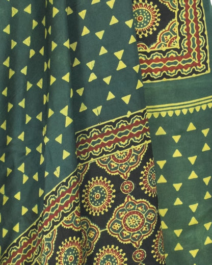 Ajrakh Modal Silk Natural Dye Hand Block Print Dress Material with Full Ajrakh Heavy Dupatta - with Tassels - 2.5 Mt Top    -  SKU : AI1730BD