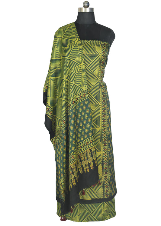 Ajrakh Modal Silk Natural Dye Hand Block Print Dress Material with Full Ajrakh Heavy Dupatta - with Tassels - 2.5 Mt Top    -  SKU : AI1730BH