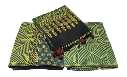 Ajrakh Modal Silk Natural Dye Hand Block Print Dress Material with Full Ajrakh Heavy Dupatta - with Tassels - 2.5 Mt Top    -  SKU : AI1730BH