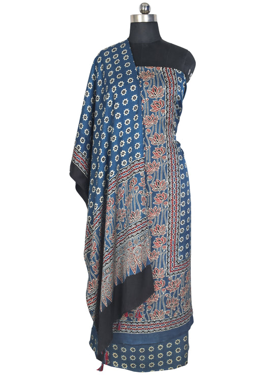 Ajrakh Modal Silk Natural Dye Hand Block Print Dress Material with Full Ajrakh Heavy Dupatta - with Tassels - 2.5 Mt Top    -  SKU : AI17301B