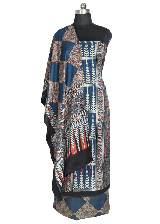 Ajrakh Modal Silk Natural Dye Hand Block Print Dress Material with Full Ajrakh Heavy Dupatta - with Tassels - 2.5 Mt Top    -  SKU : AI17301I