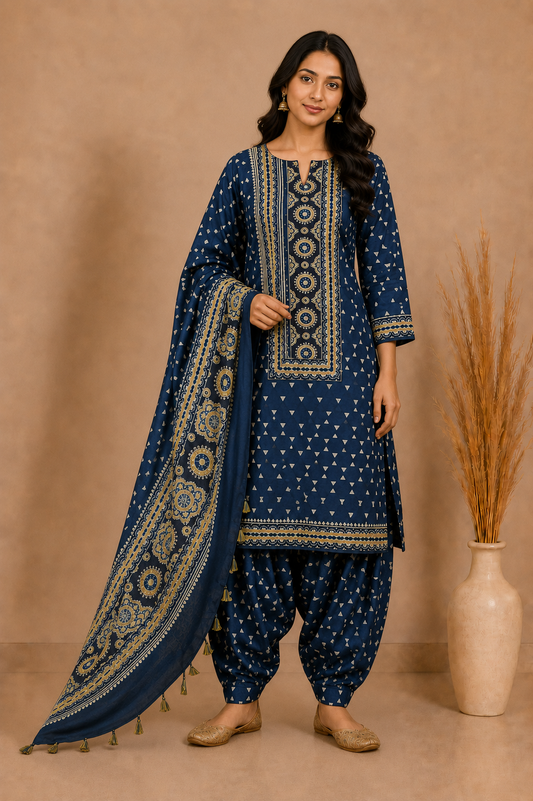Ajrakh Modal Silk Natural Dye Hand Block Print Dress Material with Full Ajrakh Heavy Dupatta - with Tassels - 2.5 Mt Top    -  SKU : AI1730AP
