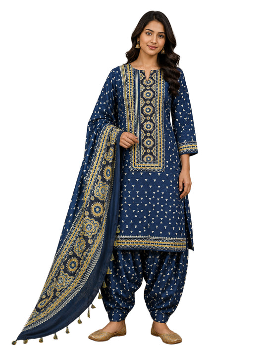 Ajrakh Modal Silk Natural Dye Hand Block Print Dress Material with Full Ajrakh Heavy Dupatta - with Tassels - 2.5 Mt Top    -  SKU : AI1730AP