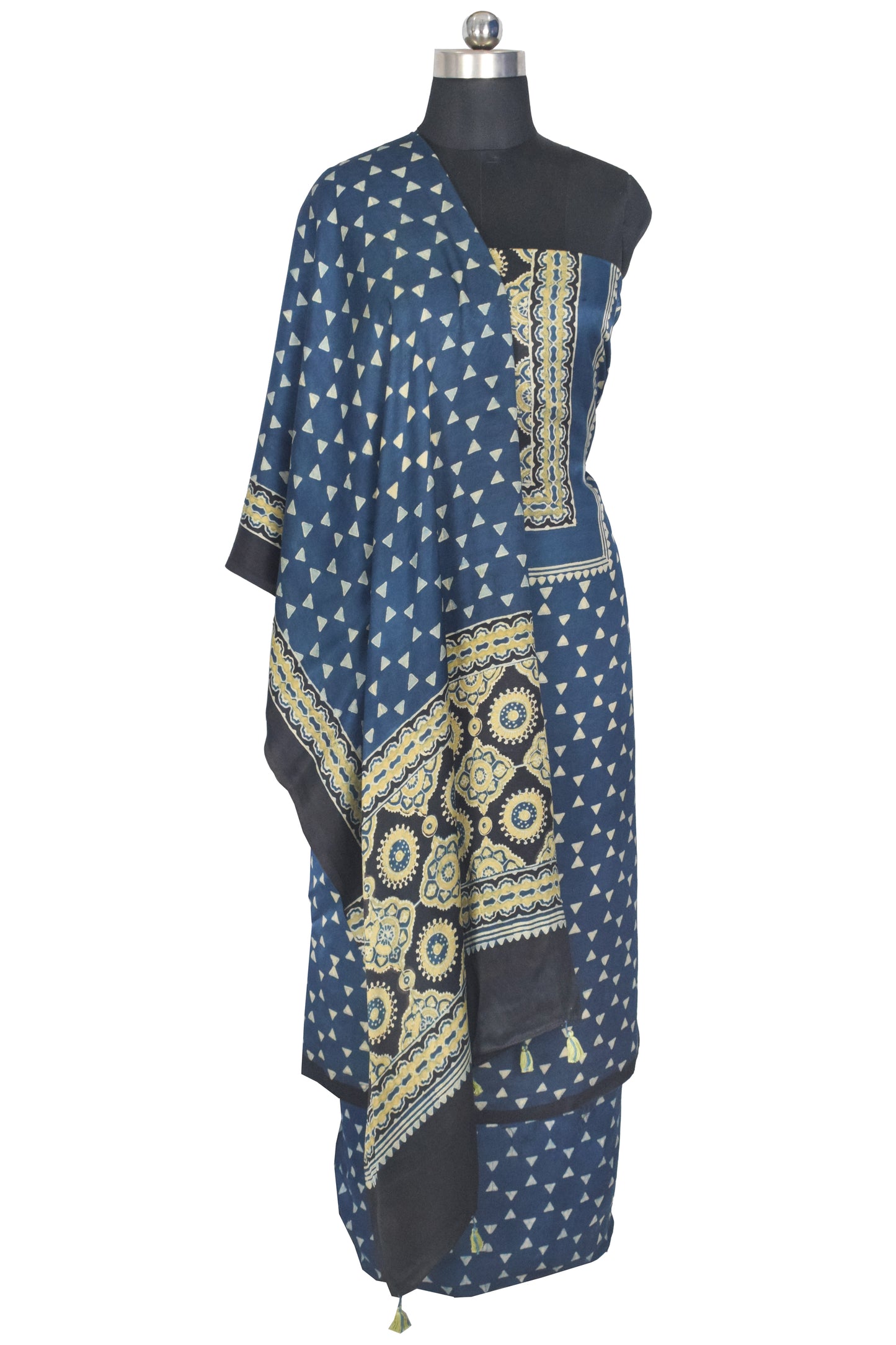 Ajrakh Modal Silk Natural Dye Hand Block Print Dress Material with Full Ajrakh Heavy Dupatta - with Tassels - 2.5 Mt Top    -  SKU : AI1730AP
