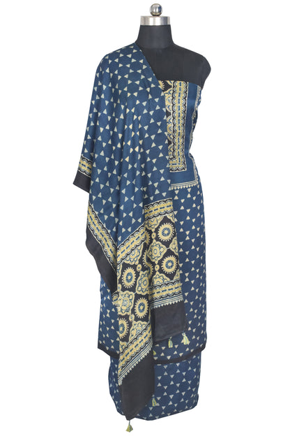 Ajrakh Modal Silk Natural Dye Hand Block Print Dress Material with Full Ajrakh Heavy Dupatta - with Tassels - 2.5 Mt Top    -  SKU : AI1730AP