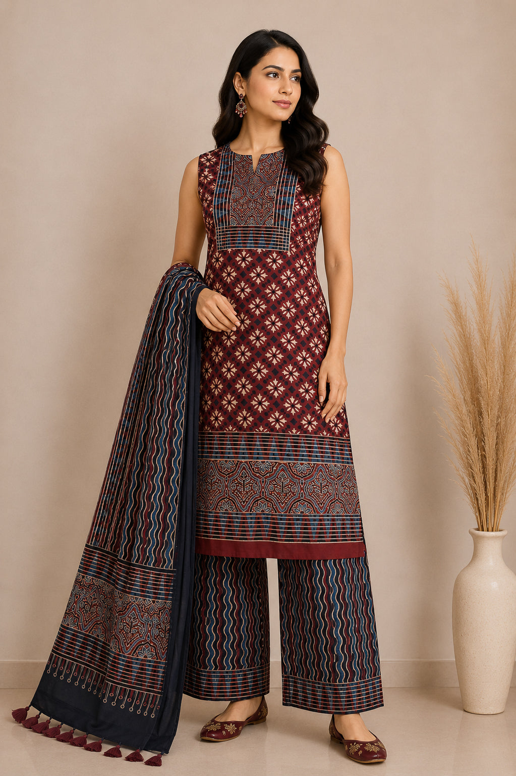 Ajrakh Modal Silk Natural Dye Hand Block Print Dress Material with Full Ajrakh Heavy Dupatta - with Tassels - 2.5 Mt Top    -  SKU : AI02502C